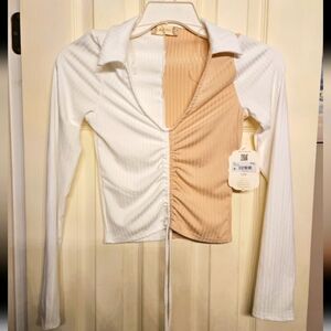 Altar'd state ivory & nude ruched long sleeve collared crop top blouse XS